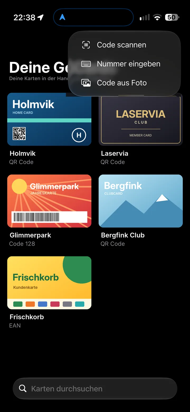 Menü zum Hinzufügen einer Karte in GoCards