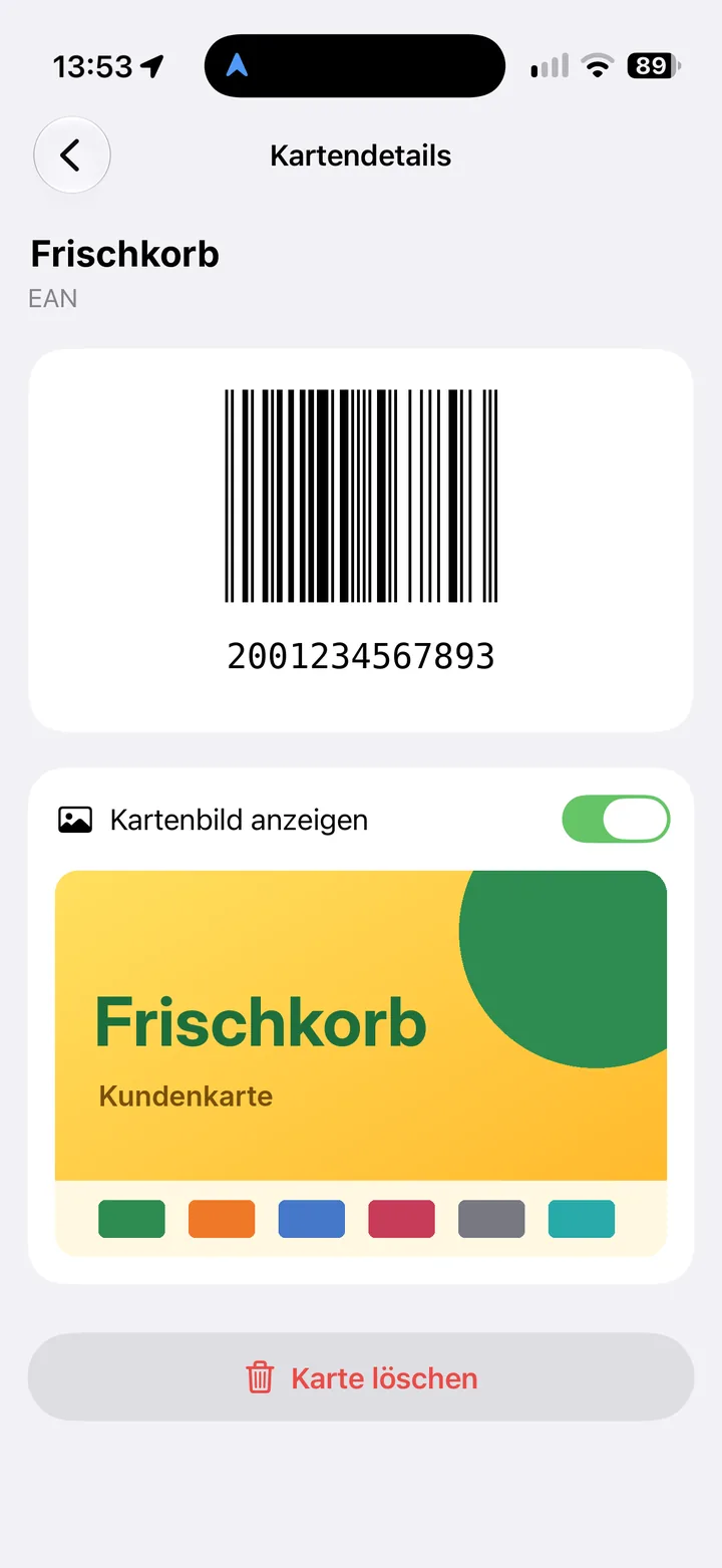GoCards Kartendetails mit großem EAN-Barcode, Kartennummer und eingeblendetem Kartenbild