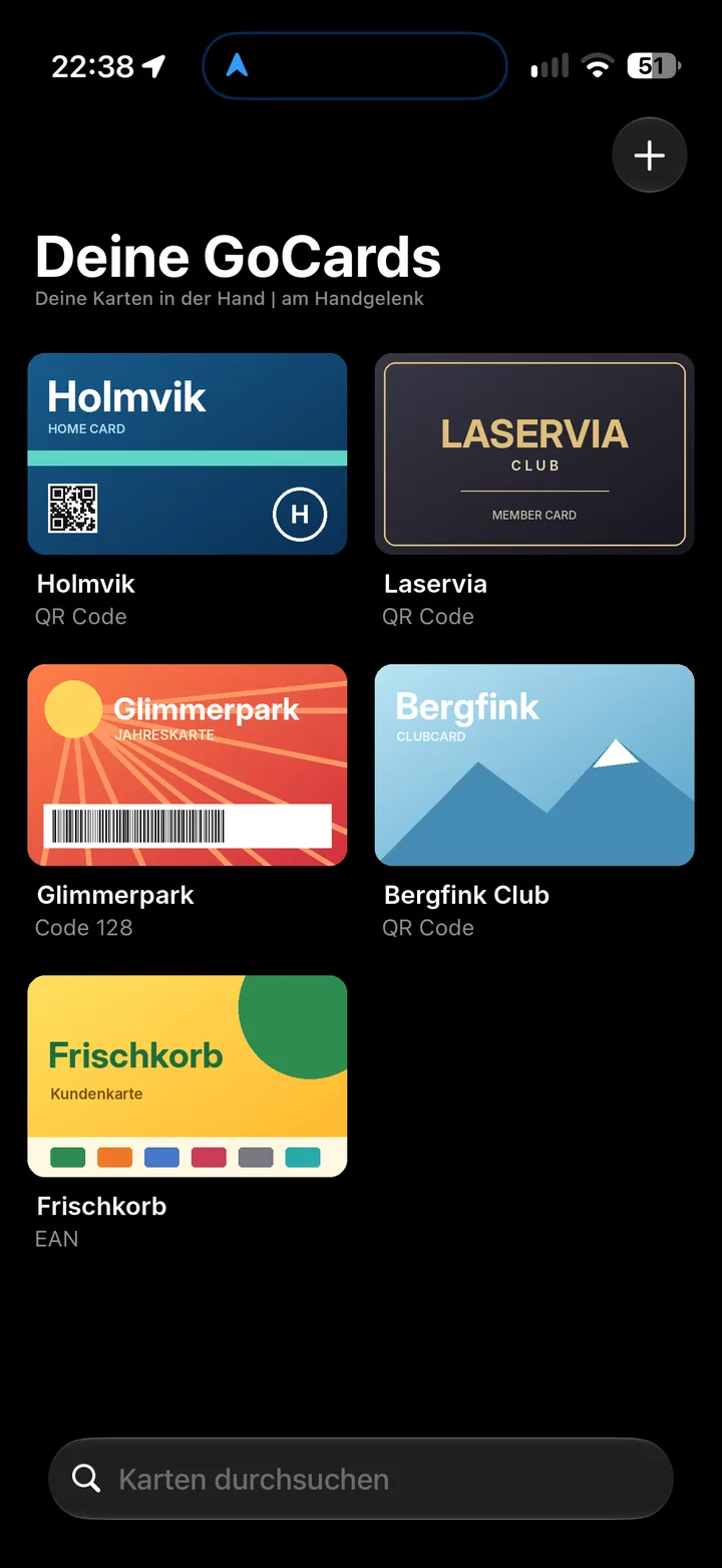 GoCards auf dem iPhone: Übersicht „Deine GoCards“ mit mehreren Kundenkarten, Codetyp und Suchfeld