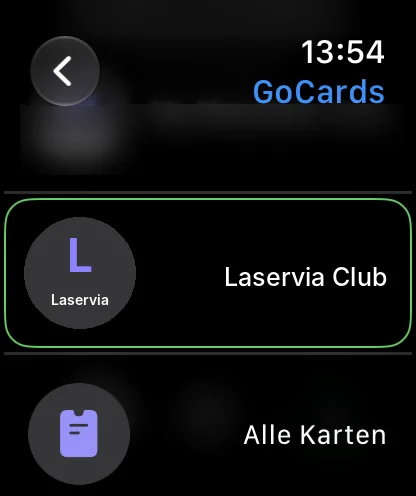 Auswahl der GoCards-Komplikation: Laservia Club oder Alle Karten