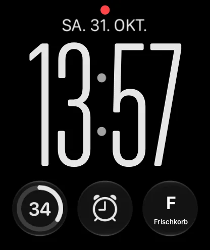 Zifferblatt der Apple Watch mit GoCards-Komplikation für die Beispielkarte Frischkorb