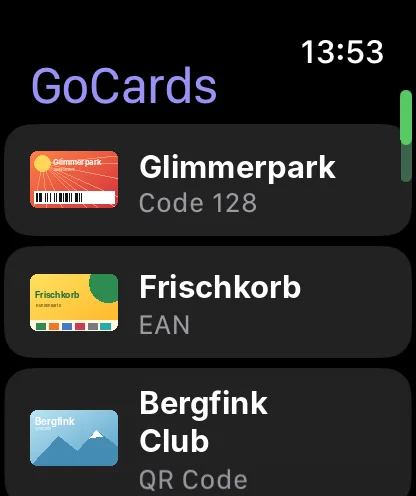 GoCards auf der Apple Watch: Liste mit den Beispielkarten Glimmerpark, Frischkorb und Bergfink Club